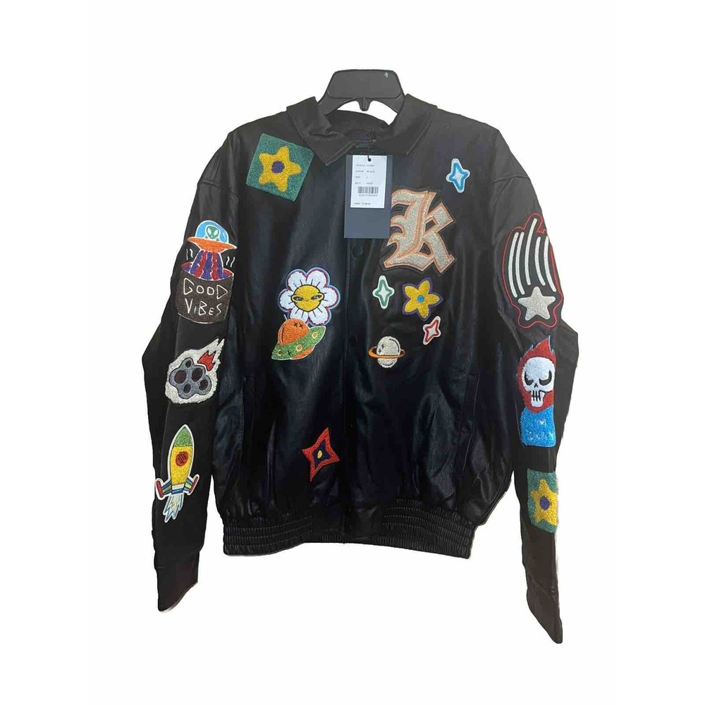 NWT Kloud9 Faux Leather Jacket Black Size Large 3D Embroidery Patches